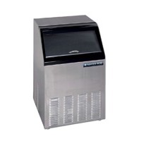 A stainless steel ice machine with black top.