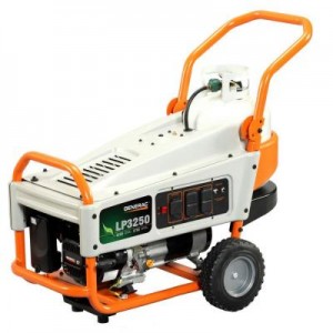 A small portable generator with wheels and handle.